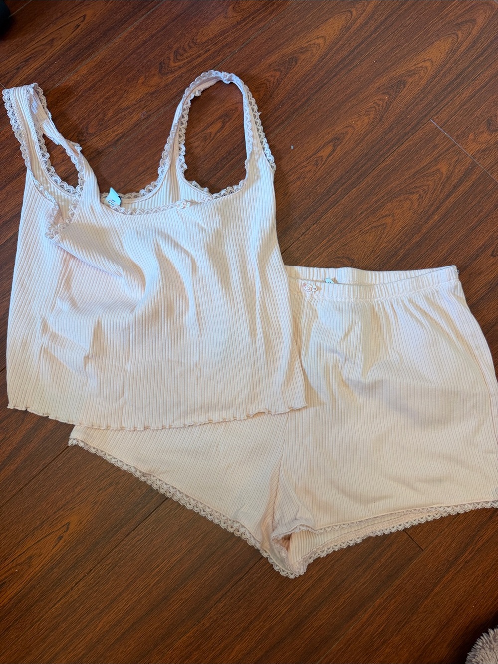 Old Navy Ribbed Lace-Trim Tank & Short Pajama Set - Light pink